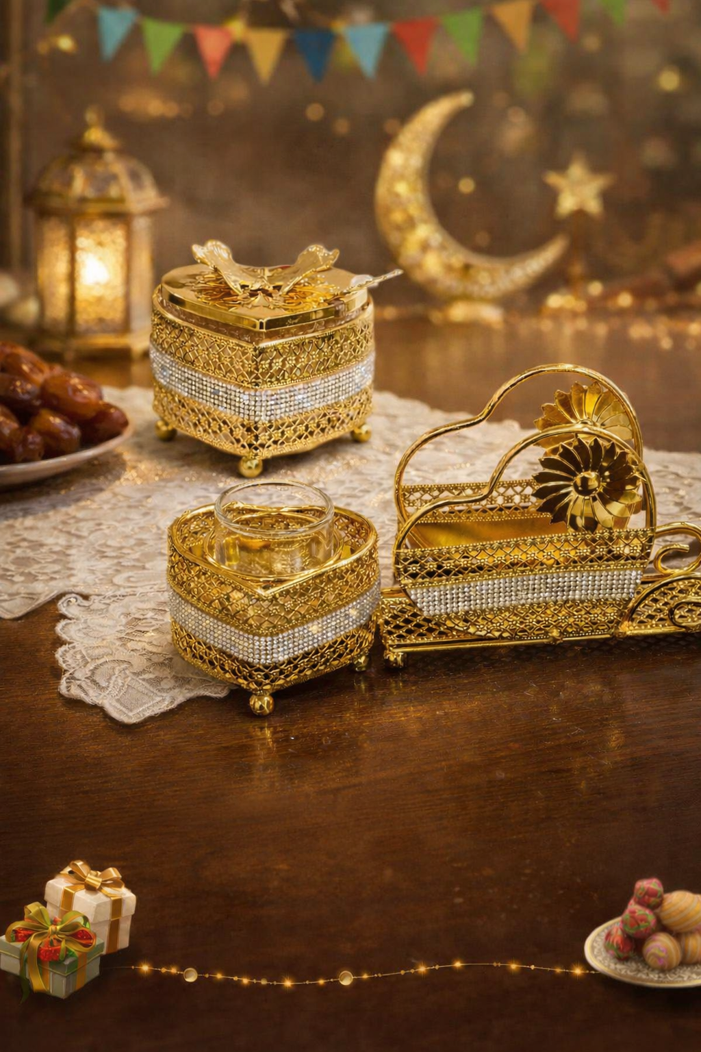 تألقي في العيد.. طقم الضيافة "إشراقة ذهبية" المرصع بالكريستال.  الخيار المختصر: طقم "فخامة التقديم" الذهبي (3 قطع).