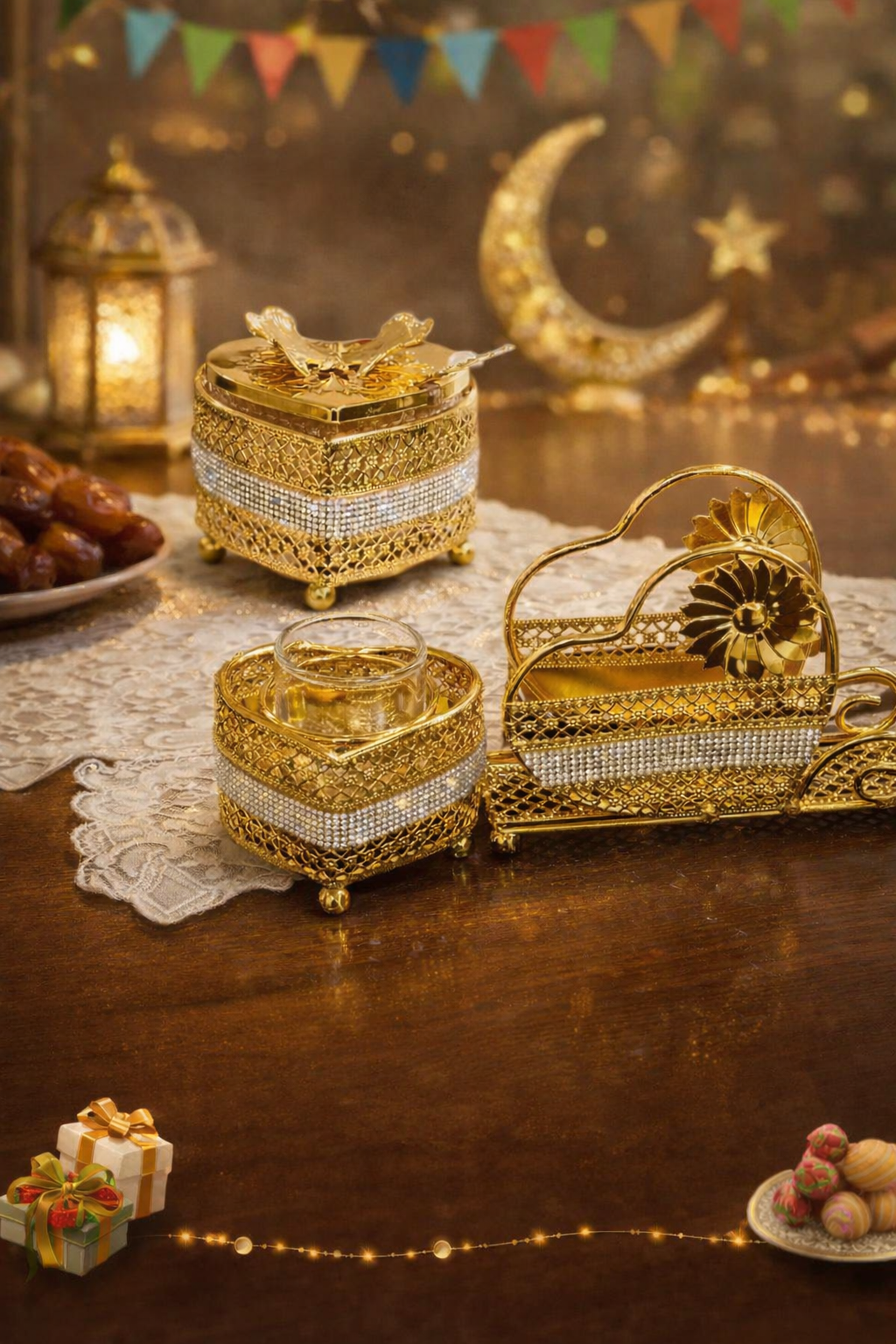 تألقي في العيد.. طقم الضيافة "إشراقة ذهبية" المرصع بالكريستال.  الخيار المختصر: طقم "فخامة التقديم" الذهبي (3 قطع).