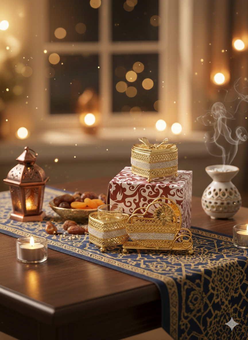 تألقي في العيد.. طقم الضيافة "إشراقة ذهبية" المرصع بالكريستال.  الخيار المختصر: طقم "فخامة التقديم" الذهبي (3 قطع).