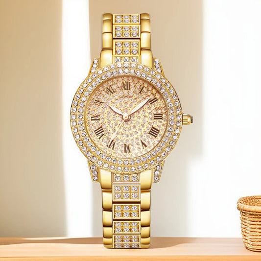 Women's Diamond Inlaid Quartz Watch, Rose Gold Roman Numeral Full Diamond, Niche Style Electronic Wristwatch For Students