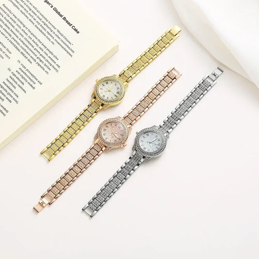 Women's Diamond Inlaid Quartz Watch, Rose Gold Roman Numeral Full Diamond, Niche Style Electronic Wristwatch For Students