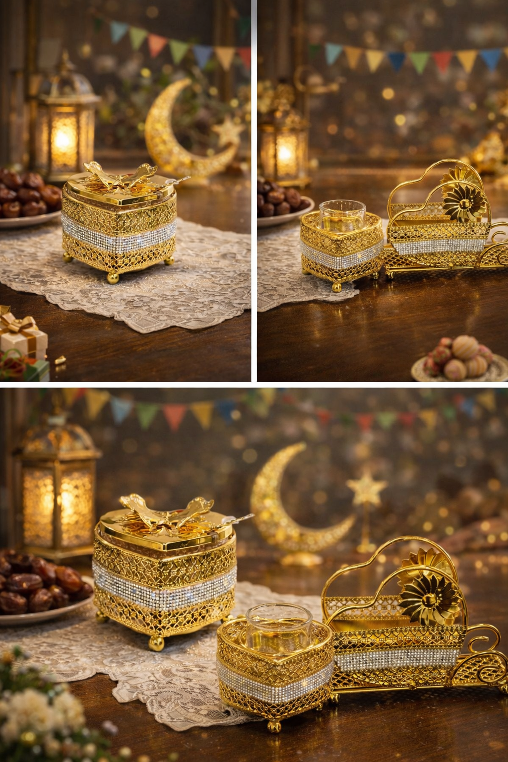 تألقي في العيد.. طقم الضيافة "إشراقة ذهبية" المرصع بالكريستال.  الخيار المختصر: طقم "فخامة التقديم" الذهبي (3 قطع).