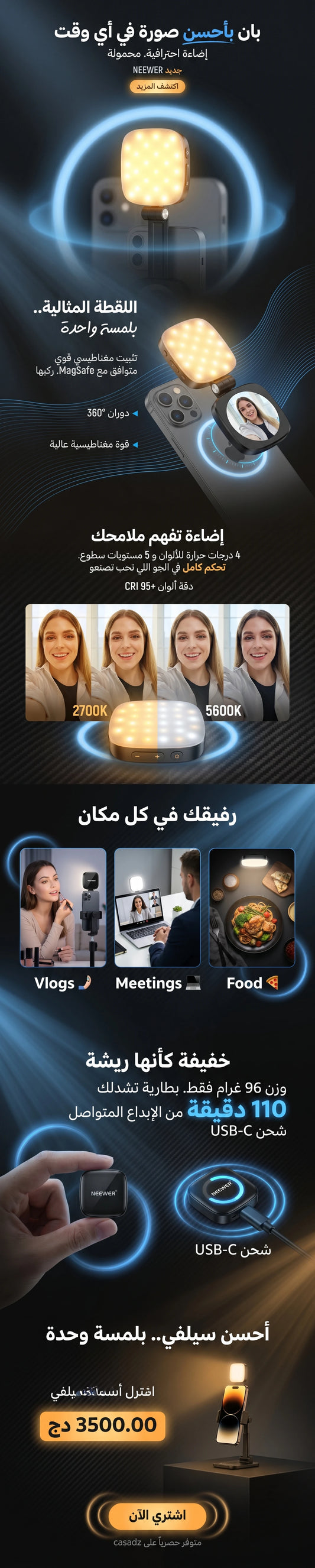 BASICS Magnetic Selfie Light Compatible with MagSafe iPhone,CRI95 700lx/0.3m Folding LED Phone Fill Ring Lighting with Mirror for Zoom Makeup Photography Recording Video Conference, Black NL48B